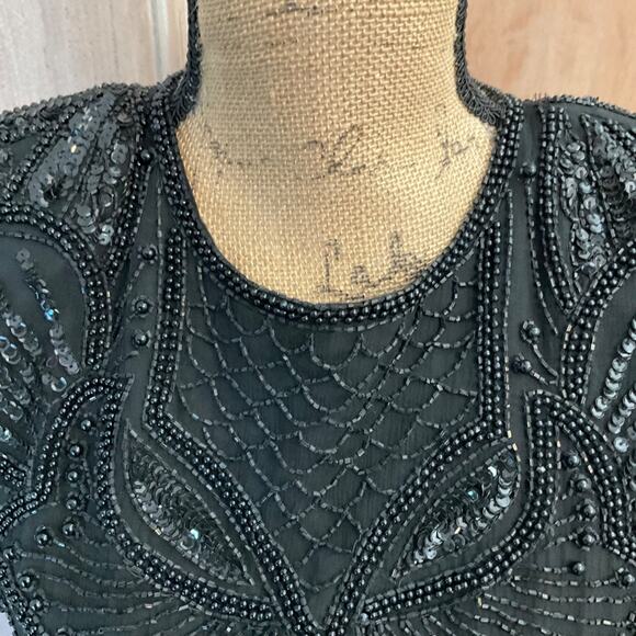 Vintage Adriana Papel evening black beaded sequin silk midi dress cocktail sz 8 - Picture 4 of 16